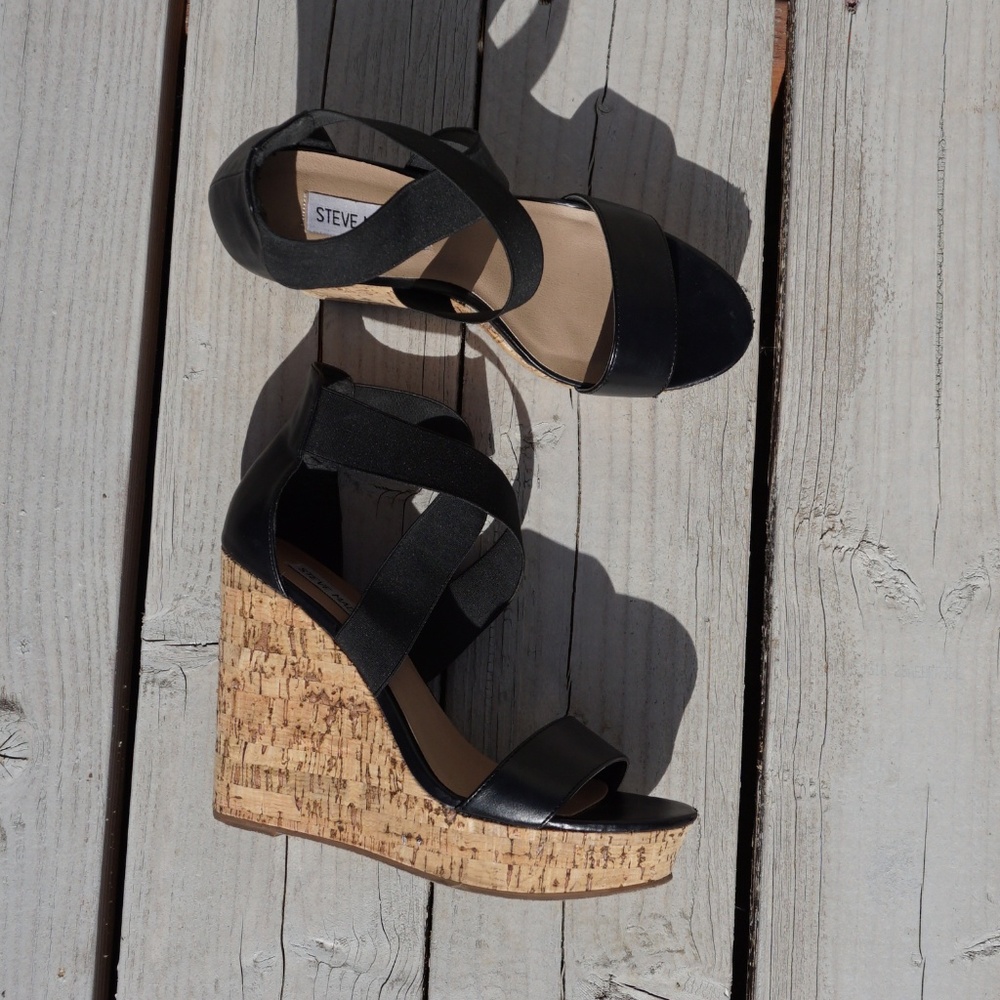 Steve Madden black leather and cork wedges